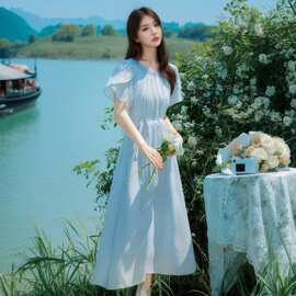 2025夏季新款气质荷叶领长裙女温柔法式桔梗收腰蓝色雪纺连衣裙女