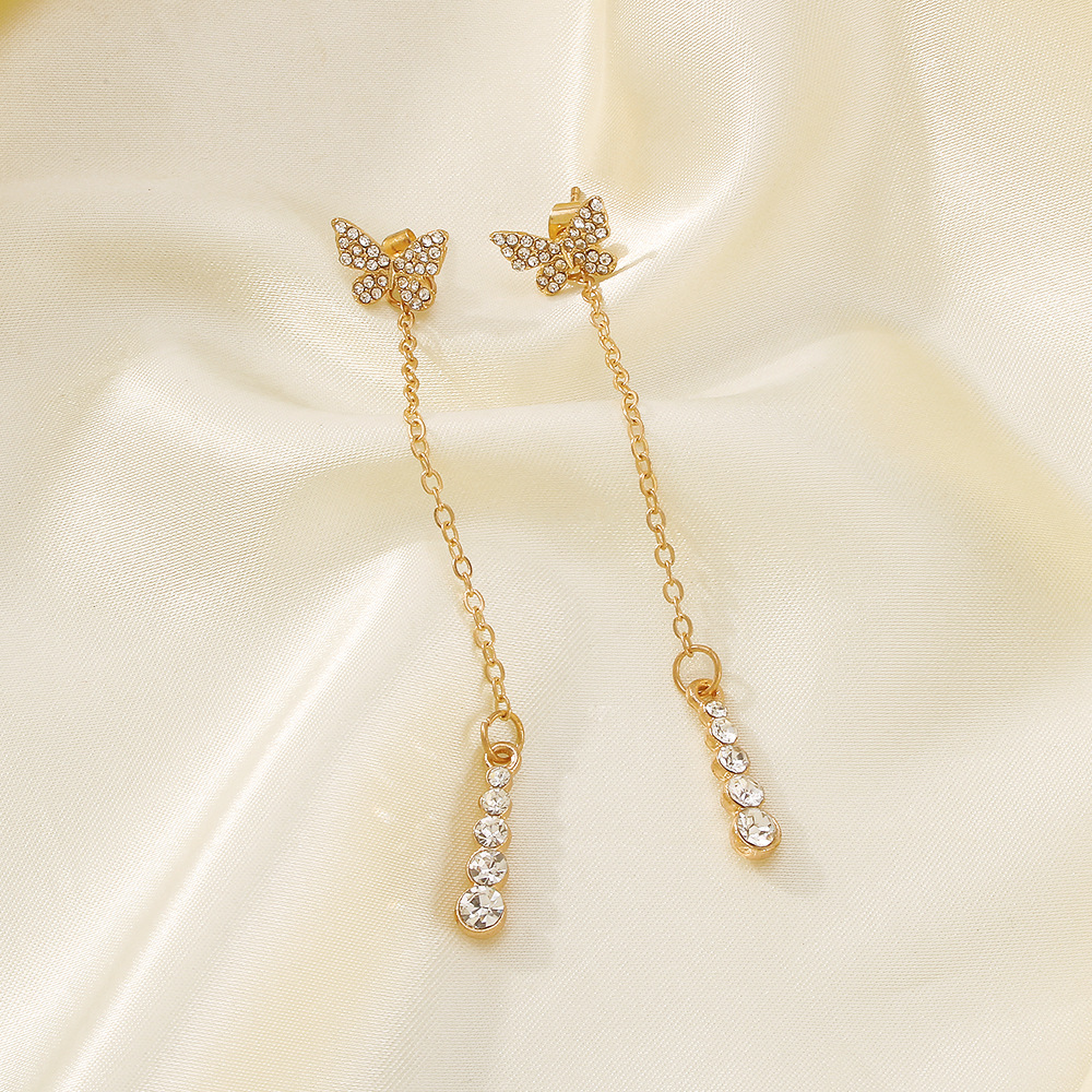 Butterfly Full Diamond Chain Long Earrings Simple Small Fresh display picture 5