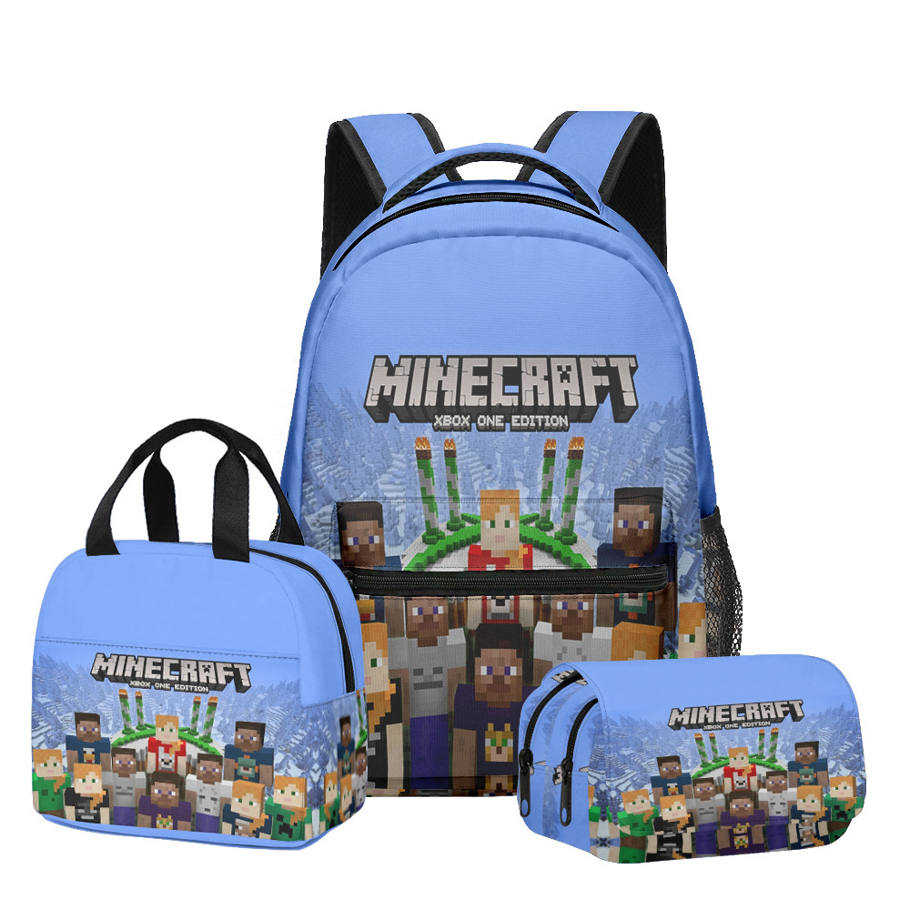 Nuevo producto 3D My World Minecraft mochila de estudiantes de primaria y secundaria bolsa de almuerzo bolsa de bolígrafo doble tres piezas set