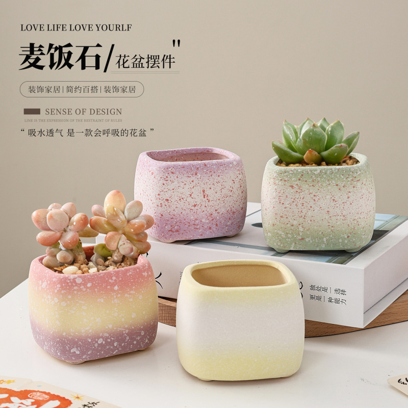 New Colorful Gradient Square Macaron Stone Coarse Pottery Succulent Flower Pot for Home Living Room, Exquisite Breathable Ceramic Flower Pot New Colorful Gradient Square Macaron Stone Coarse Pottery Succulent Flower Pot for Home Living Room, Exquisite Breathable Ceramic Flower Pot