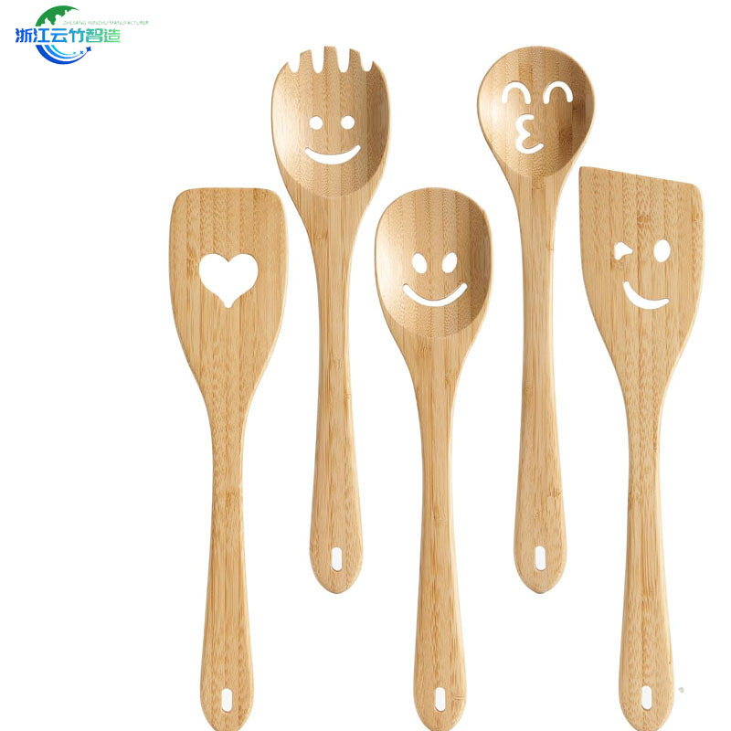 Espátula de bambú transfronteriza explosiva de Amazon, espátula sonriente, juego de utensilios de cocina, espátula, juego de pala de bambú, diseño modificado