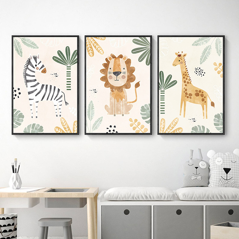 Amazon cruzada venta caliente pintura decorativa moderna sala de estar dormitorio dibujos animados animales leones sin marco con marco