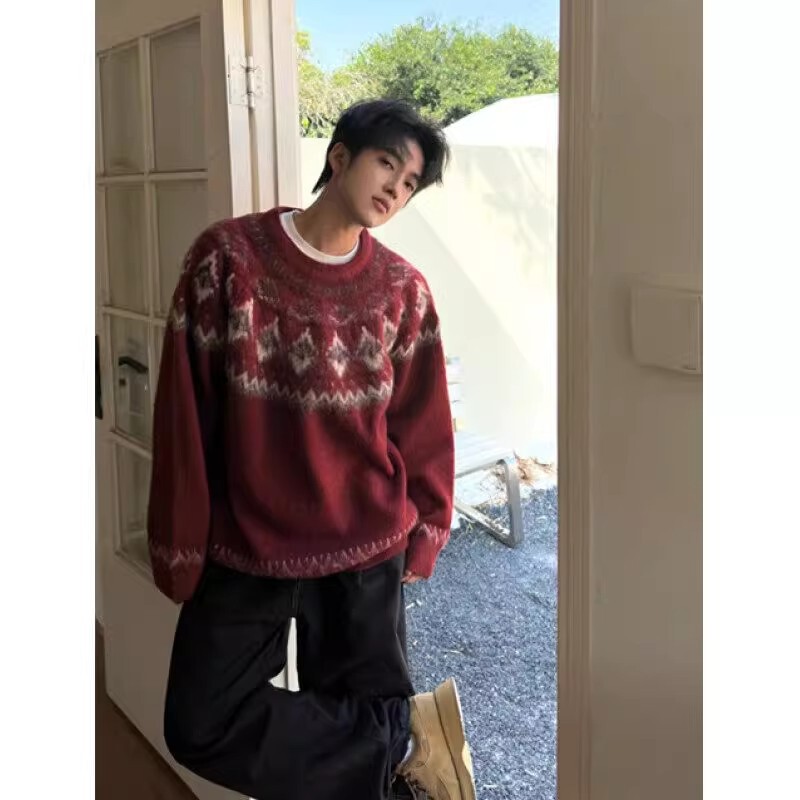 Nordic Style Fell Island Red Sweater Men's Winter Lazy Style Advanced Christmas Wear Soft Waxy Crewneck Sweater
