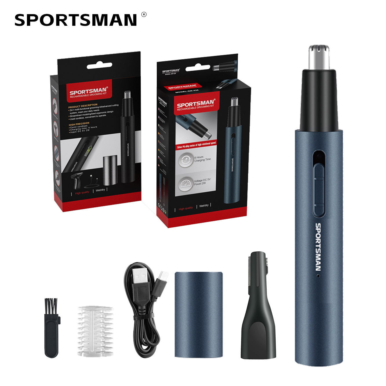 Tubo de aluminio metálico transfronterizo cortador de pelo de nariz eléctrico pintura para hornear recargable multifuncional reparador de pelo de afeitado de nariz dos en uno