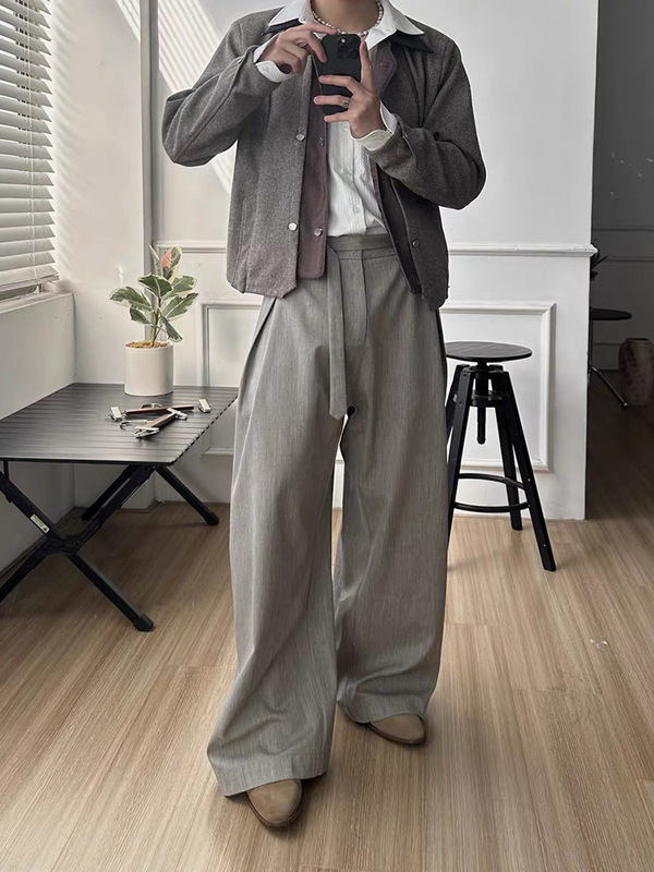 高級アセテートウール混リネン柄プリーツ「Zazen」ルーズカミーズパンツストレートワイドパンツ|undefined