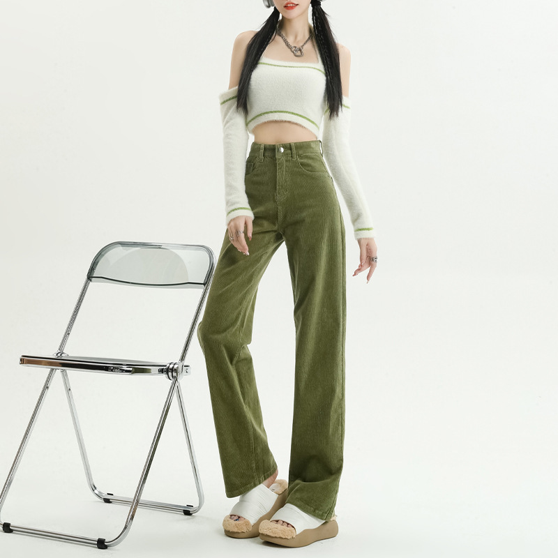 2024 Spring and Autumn Explosions Grass Green Corduroy Wide Leg Pants Women's Retro High Waist Pants Casual Long Straight Leg Pants