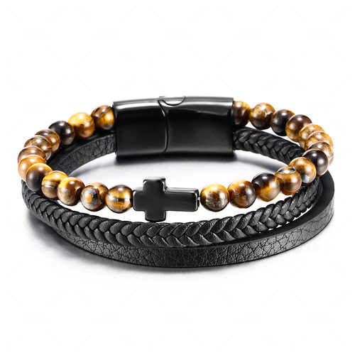 Cross Bracelet Men Titanium Steel Multi-layer Woven Leather Bracelet Stainless Steel Natural Tiger Eye Agate Cross 
