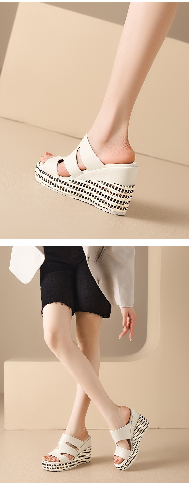 Dép sandal nữ quai chữ V đế xuồng cao gót 5 cm da PU mềm mại — màu đen, màu nâu nhạt, Trắng kem- chi tiết 7