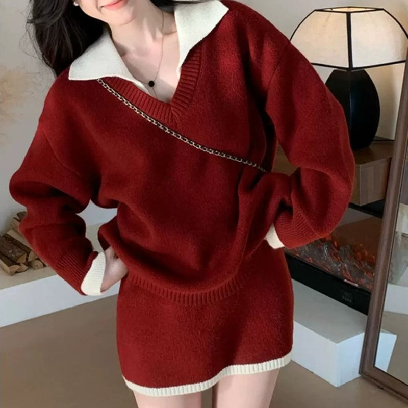 Autumn and winter loose-fitting, relaxed knit sweater and short skirt two-piece set, perfect for Christmas and New Year outfits; red sweater set for women Autumn and winter loose-fitting, relaxed knit sweater and short skirt two-piece set, perfect for Christmas and New Year outfits; red sweater set for women
