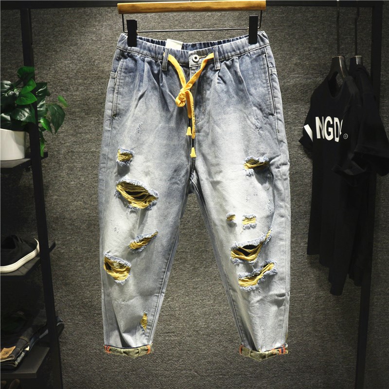 Jeans da uomo cropped, vestibilità ampia, color block, stile effetto usurato, jeans estivi_voghion.com