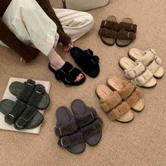 2025新款羊羔毛毛拖鞋女外穿平底一字拖鞋女休闲百搭毛毛拖鞋女