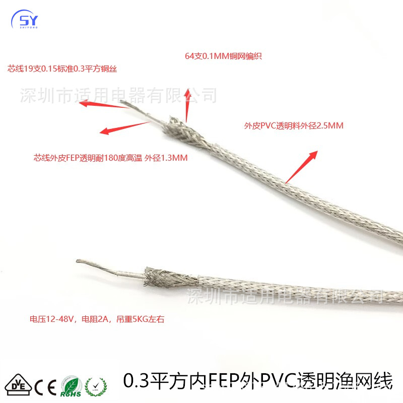 餐吊灯透明线 0.3平方内FEP外PVC 渔网线吊重5KG品质保证VDE认证