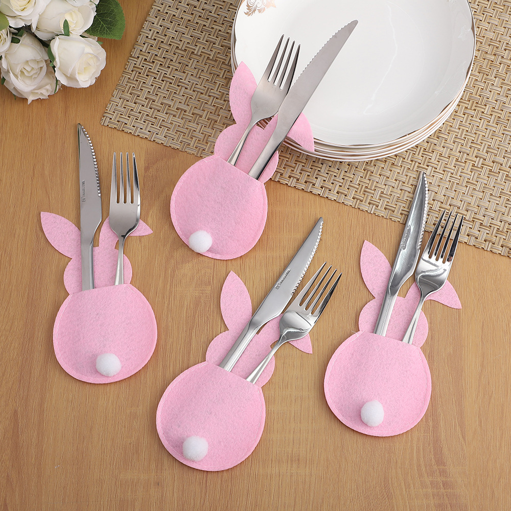 Easter bunny cutlery bag with tail cartoon colorful felt cutlery silverware storage bag table decoration