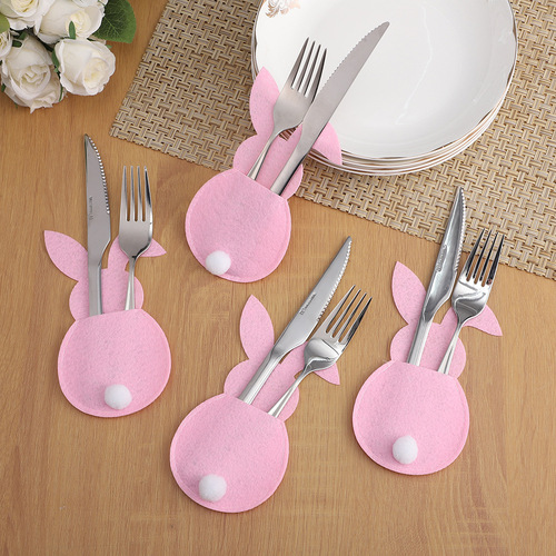 Easter bunny cutlery bag with tail cartoon colorful felt cutlery silverware storage bag table decoration