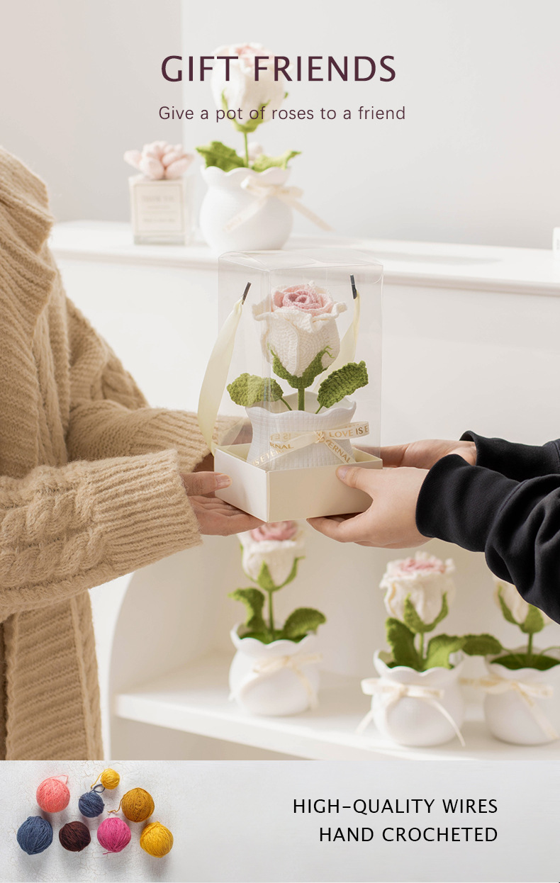 Ready-made hand-knitted rose artificial flower potted plants, office desktop potted plants, knitted flower ornaments, artificial flowers wholesale pic 7