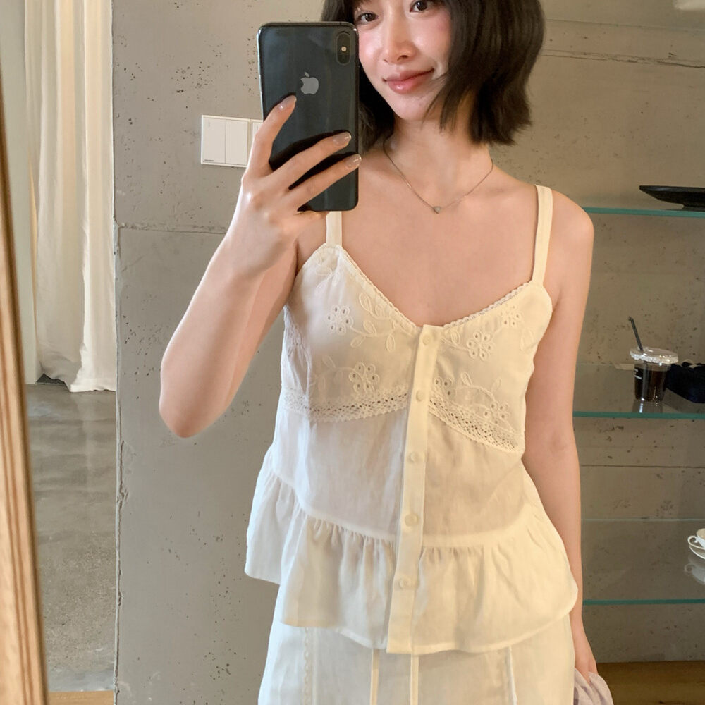 Set váy hai dây và chân váy maxi linen phong cách Hàn Quốc — Sling trắng, Trắng nửa váy