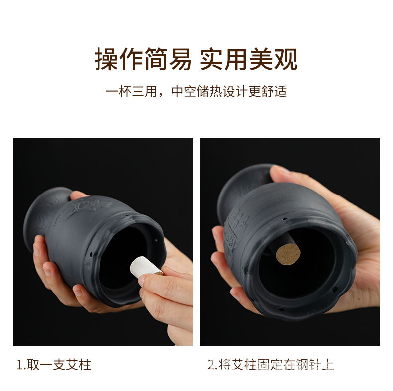 Bian Stone Moxa Fire Dragon Cup Warming Tool Lotus Rim Gua Sha Jar Double Layer Ash Net Cloth Cover with 54 Moxa Sticks and Oil specifications