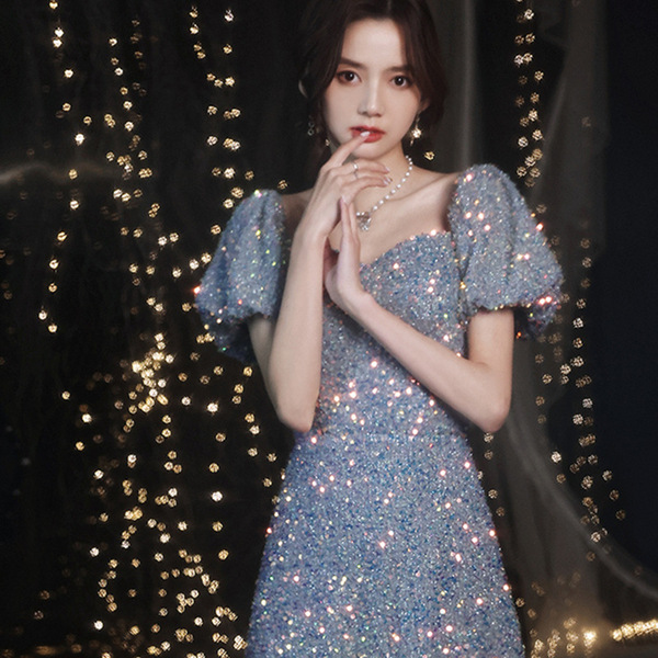 Long elegant blue evening dress