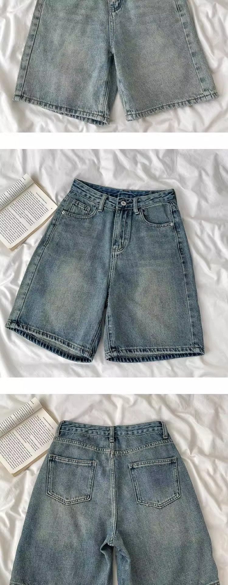 Vintage Washed High Waist Wide Leg Denim Shorts For Women – Retro Blue & Classic Blue – Plus Size S-5xl – Comfortable Cotton Mid-Length Capris_ecoleips.com