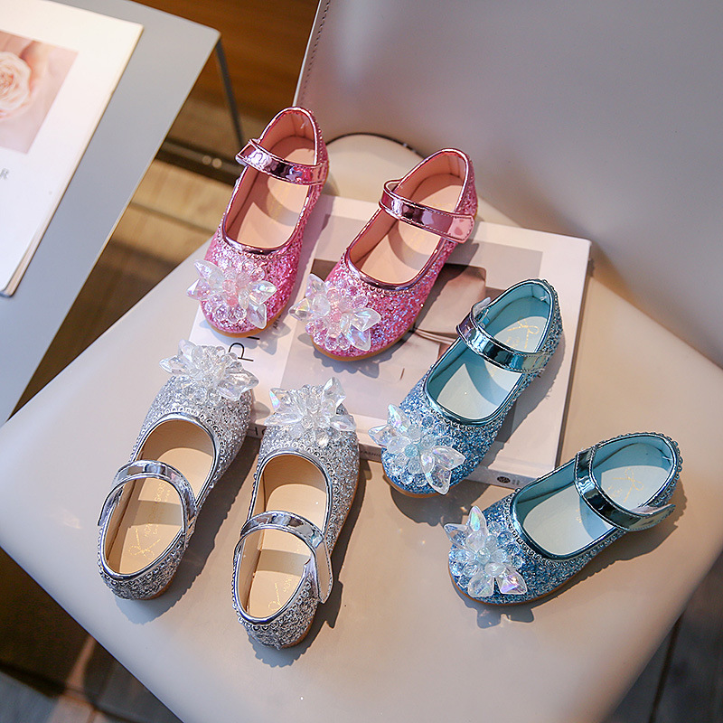 Elsa Princess Shoes 2023 New Little Girl Dance Performance Crystal Shoes Children's Leather Shoes Elsa Soft-soled Single-layer Shoes