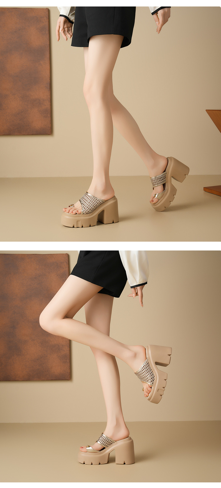 Dép sandal cao gót nữ quai ngang đan gót thô 12 cm đế tăng chiều cao — Màu đen, Màu vàng nhạt, Màu trắng, Màu bạc chi tiết 6