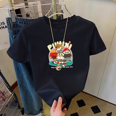 2025新型大衆デザイン感黒半袖tシャツ女性夏百合洋気復古減齢カジュアル上着