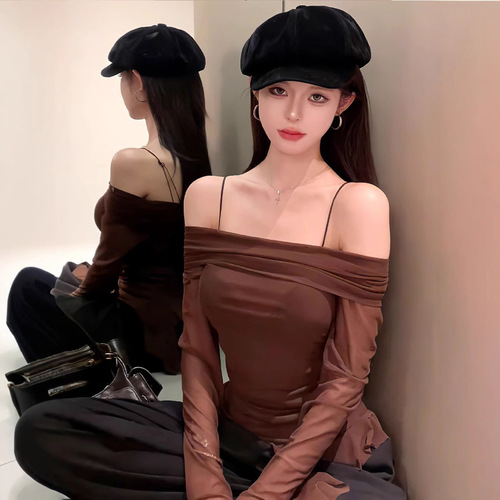 Pure desire style streamer one-length off-shoulder suspender T-shirt for women in autumn new fashionable slim fit versatile short top
