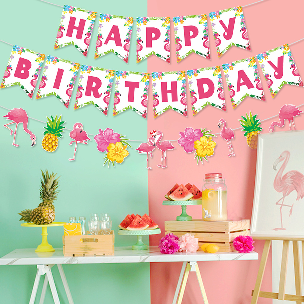 Fábrica al por mayor decoración del partido Hawaiano flamenco piña tirar bandera Feliz cumpleaños tirar flor tirar bandera