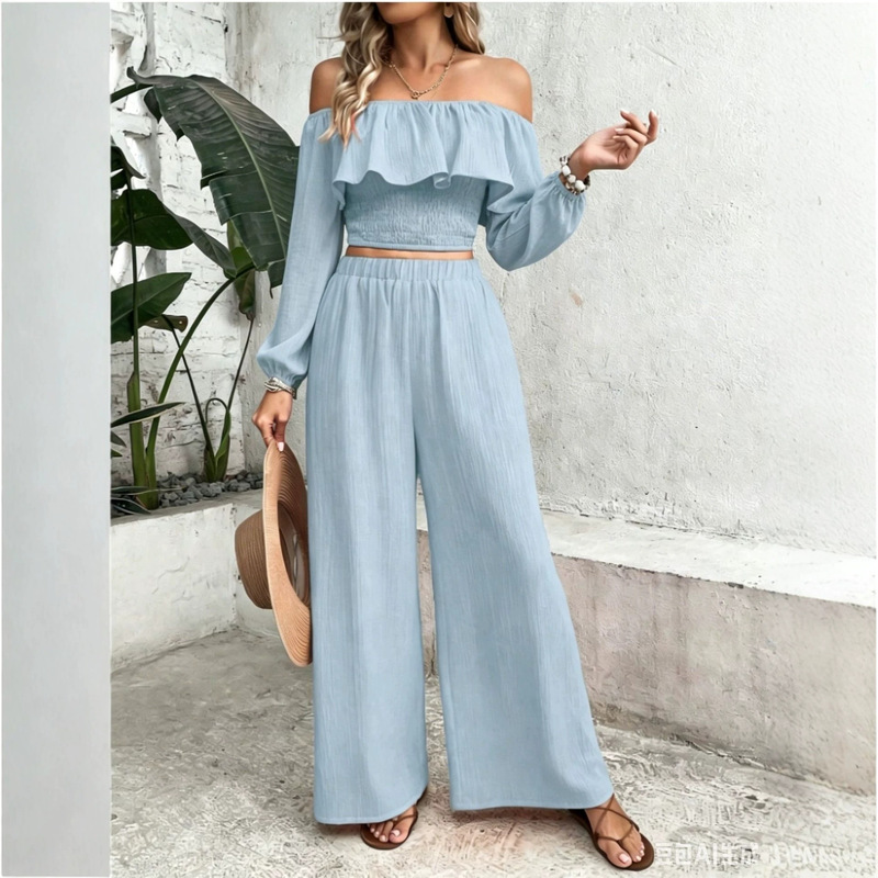 2026 Women's Bohemian Style Vacation Two-Piece Set with Off-Shoulder Ruffled Long Top and High-Waisted Wide-Leg Pants 2026 Women's Bohemian Style Vacation Two-Piece Set with Off-Shoulder Ruffled Long Top and High-Waisted Wide-Leg Pants