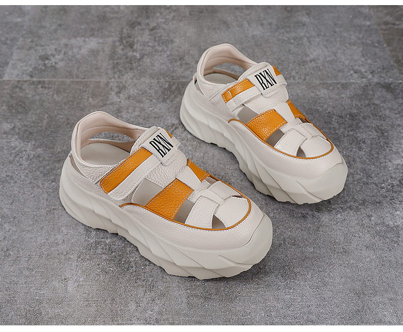 Sandal nữ da bò đế dày thoáng khí tăng chiều cao — Màu đen chi tiết 13