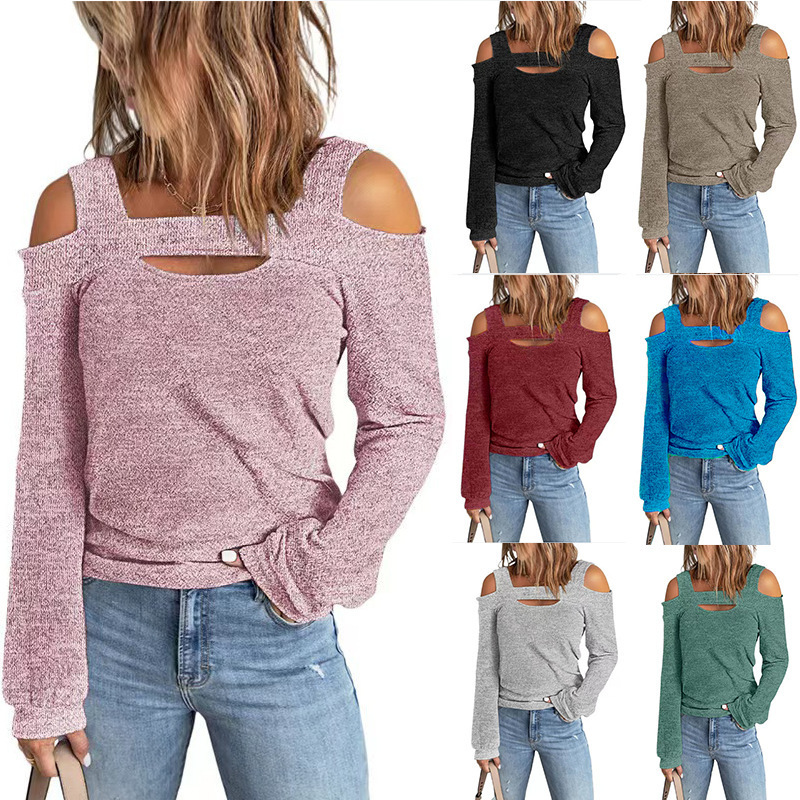 2025 Autumn/Winter European and American Style Off-Shoulder Long-Sleeve T-Shirt for Women, Loose Casual Fashion, Cross-Border Same Style Korean Version