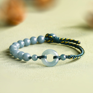 Natural A-Grade Jadeite Blue Horizontal Safety Jade Ring Hand-Woven Bracelet Ice Jade Couple Women's Gift