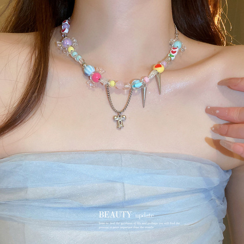Dopamine colorful beaded butterfly star bow love tassel necklace sweet clavicle chain girl heart necklace