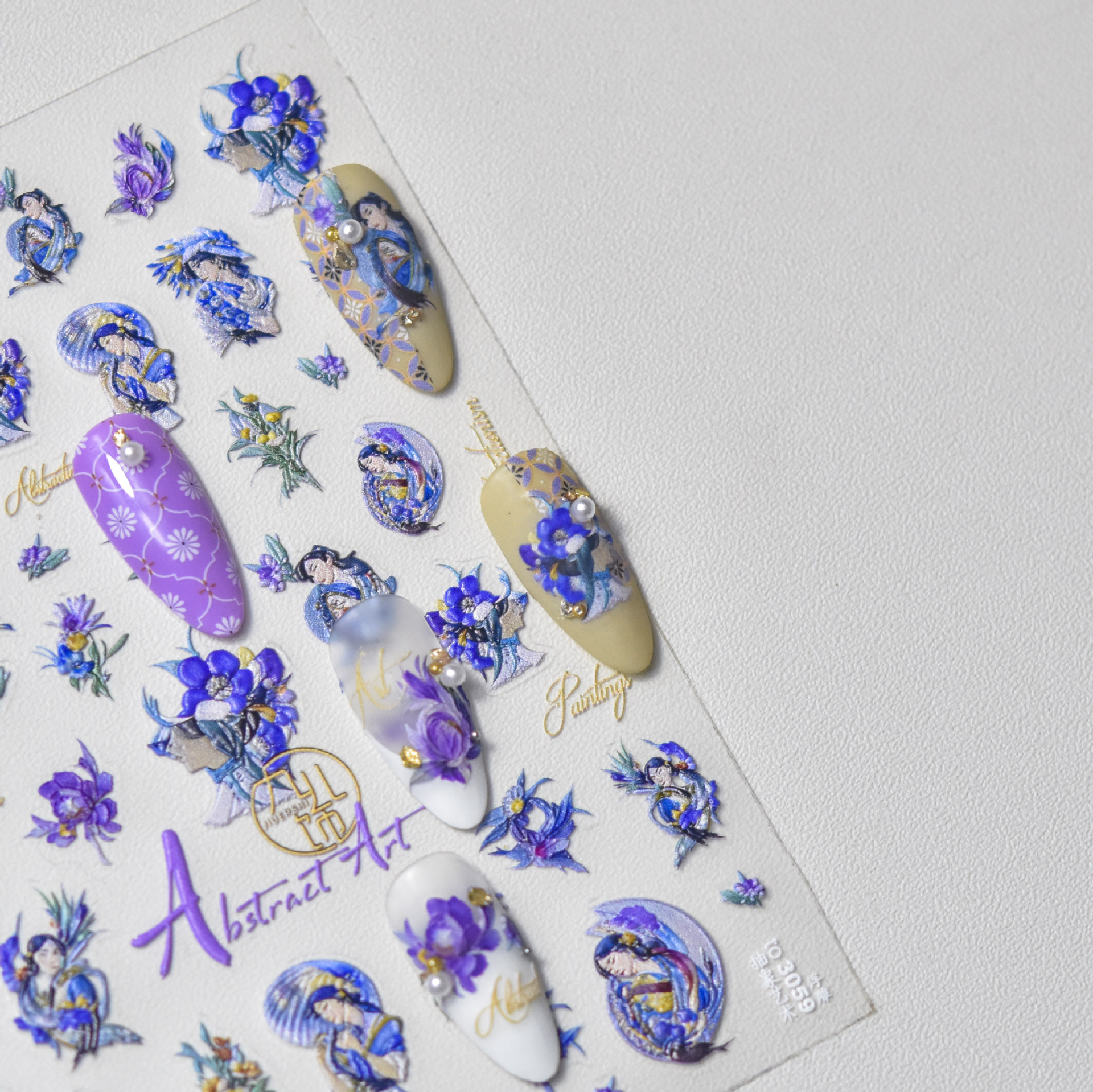 Estilo nacional azul y blanco de porcelana pegatinas de uñas alivio tridimensional adhesivo japonés 5D Internet celebridad nuevas pegatinas de uñas decoración al por mayor