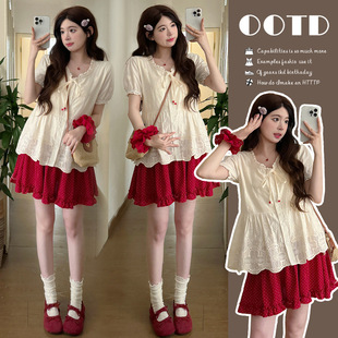 Real Shot Sweet Maternity Dress Summer Loose Lace Short-sleeved Top Wave Dot Skirt Pregnant Women's Short-sleeved Two-piece Set