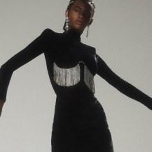 2021欧美跨境速卖通圆领长袖流苏钻性感大气丝绒礼服连衣裙