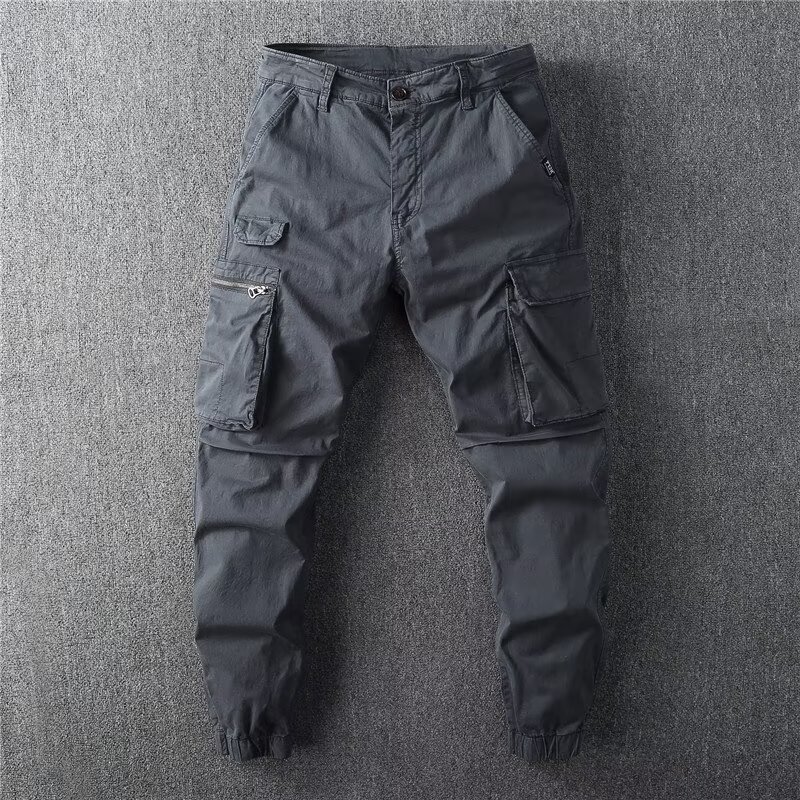 Men's Thin Cargo Pants Retro Slim Fit Drawstring Multi-Pocket Casual Jogger Pants Summer
