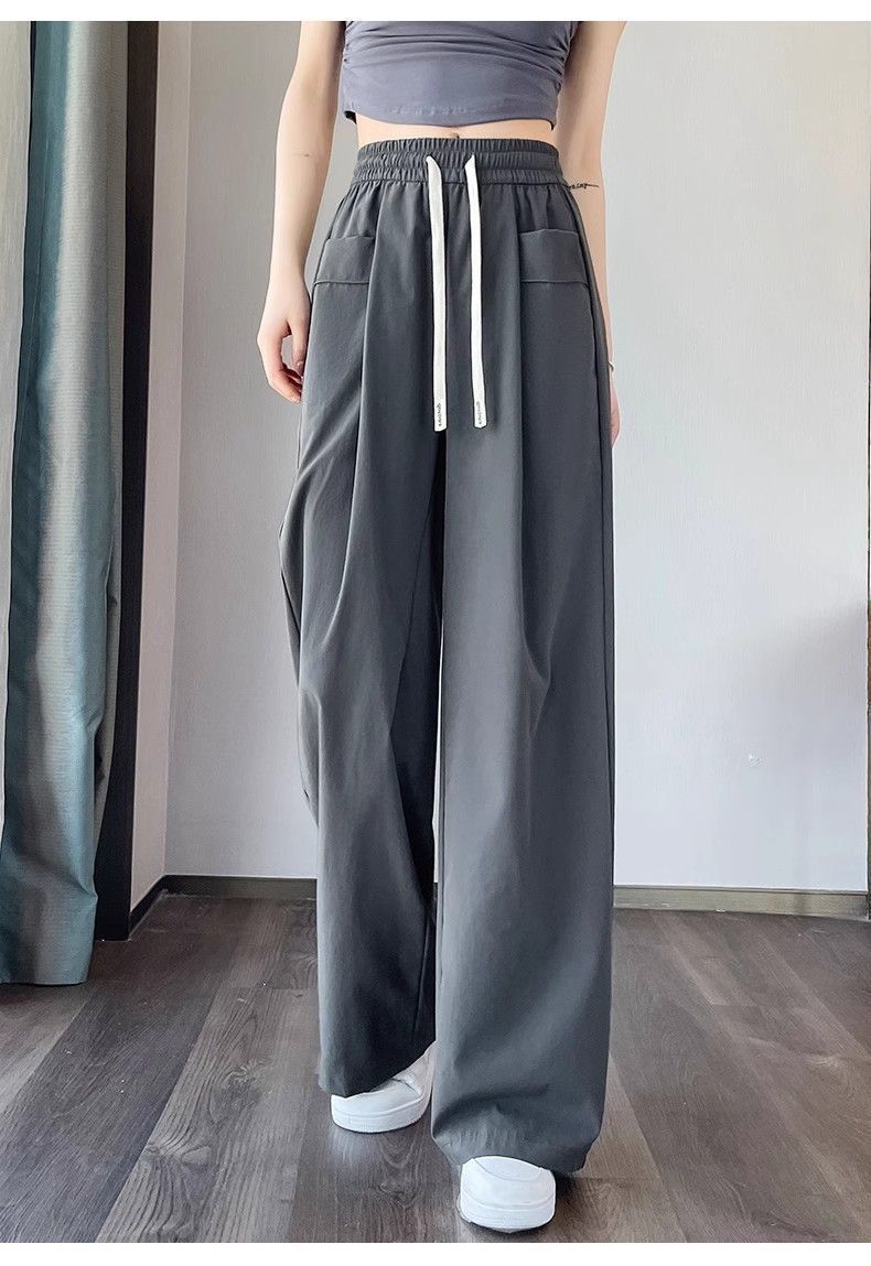 Quần ống rộng nữ eo cao vải sợi băng mỏng mùa hè — Xám [vải có túi], Màu xanh lá cây (có túi), Đen [vải có túi] chi tiết 30