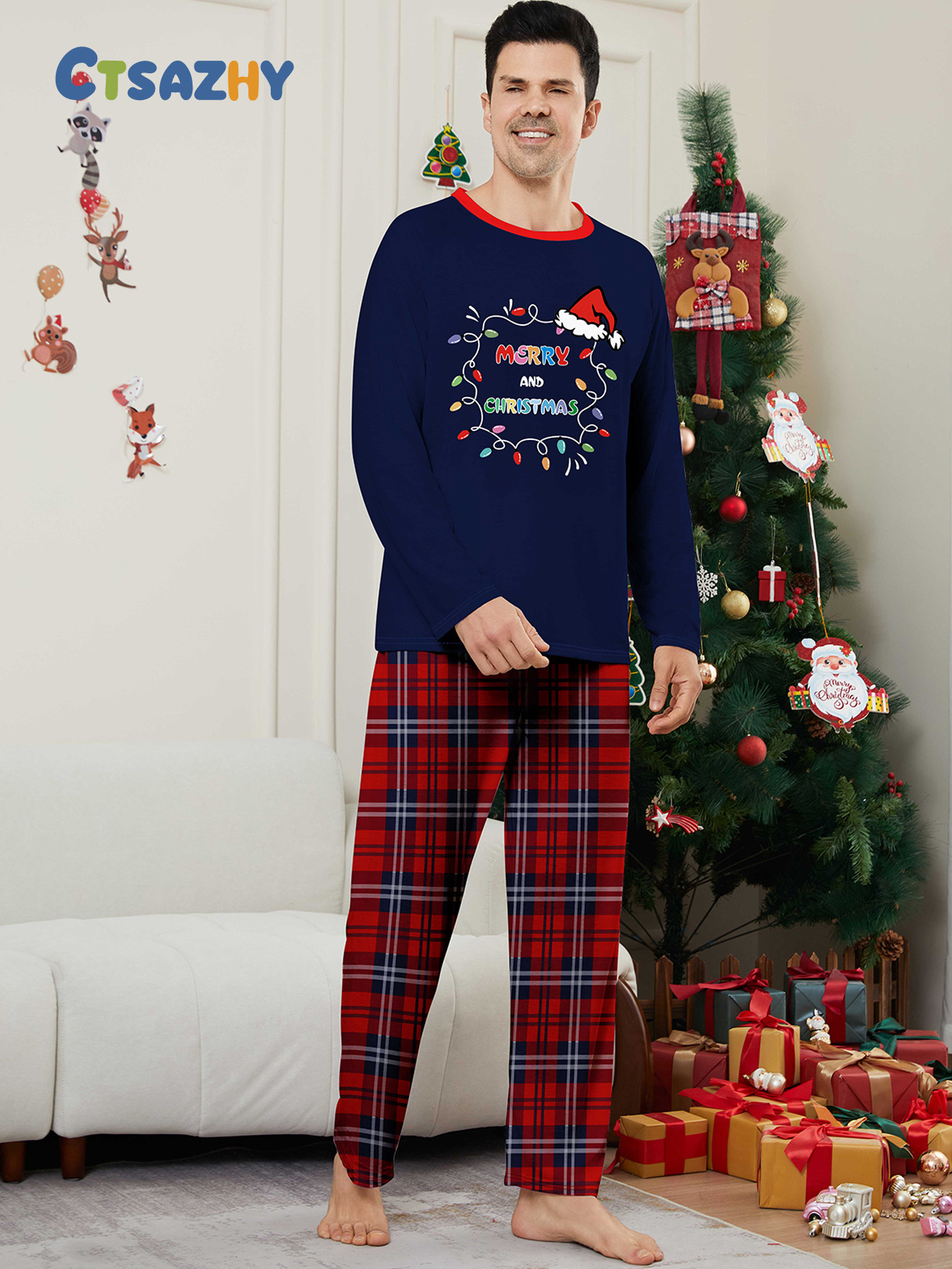 Chapeau de Père Noël alphabet lumineux avec vêtements de famille de Noël imprimés vêtements de maison pyjamas_voghion.com