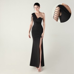 33531 # Satin Beaded One-Shoulder High-Slit Evening Dress, Sexy and Elegant Dinner Party Social Slimming Style