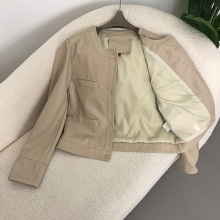 女式皮衣外套女春秋圆领单排扣PU短款时尚修身小香风显瘦欧美风