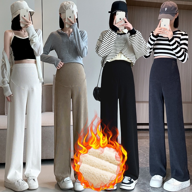 1096C# Maternity Lamb Wool Thick M-3XL Arctic Wool Maternity Pants Winter Outerwear Loose Straight Leg Pants