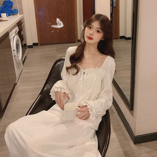 2022 New Pajamas for Women Milk Silk Spring & Fall Long-sleeved Nightgown Sweet Lace Cartoon Pure Color Home Wear Nightgown