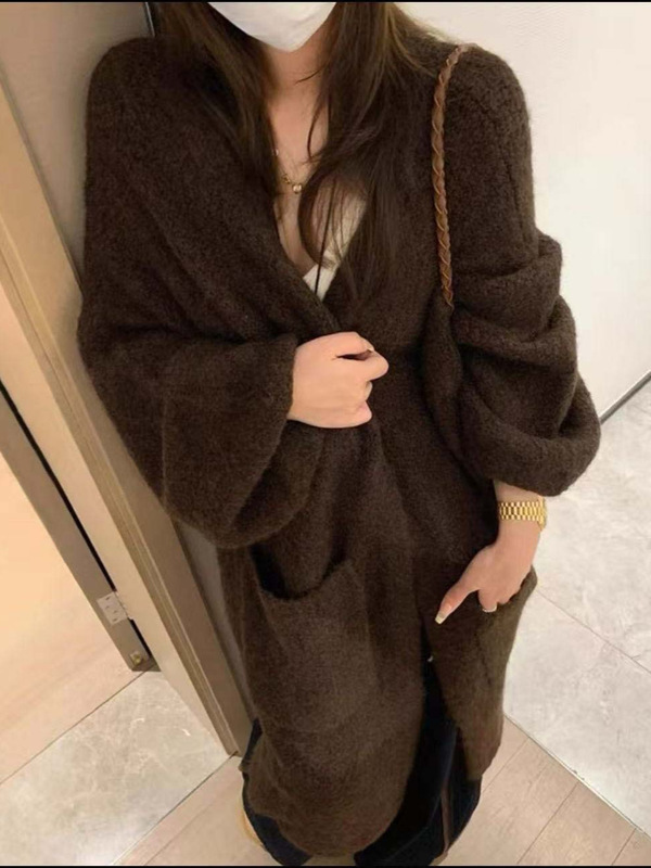 口袋长款针织大衣V领腰带款气质外套开衫加厚毛衣女宽松冬季2025|undefined