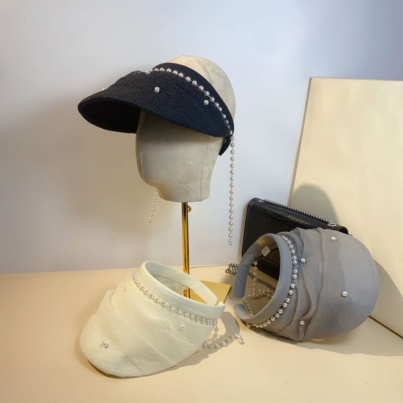 Summer new fashion Pearl strip empty top hat pleated mesh fairy wind sunshade outdoor outing beach sun hat