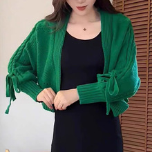 蝴蝶结系带针织开衫女2025秋季新款时尚V领蝙蝠袖披肩毛衣外套女