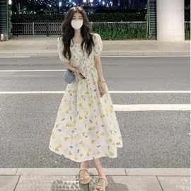 法式初恋茶歇绝美奶甜碎花连衣裙女温柔风显瘦减龄泡泡袖中长裙子