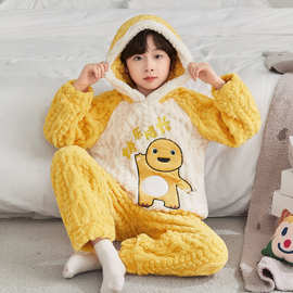 网红新款男童睡衣冬男孩子中大童连帽冬季麦穗珊瑚绒睡衣卡通套装
