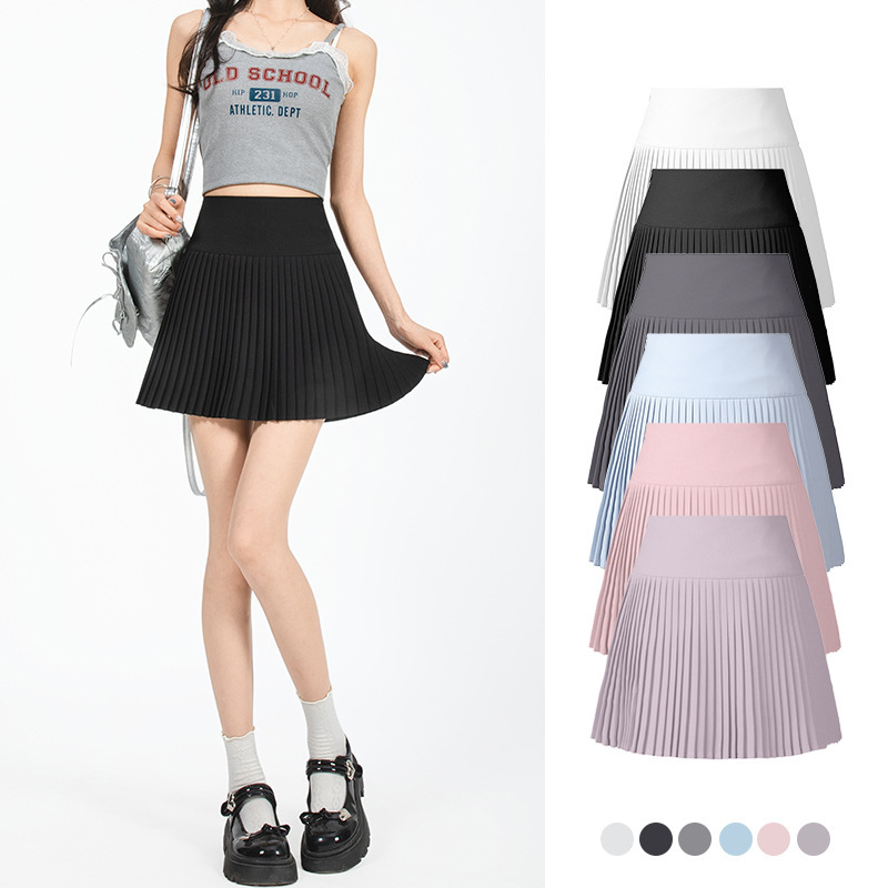 Xiangmeimei Waist Pleated Skirt Simple Fine Pleated Solid Color Skirt Half Skirt