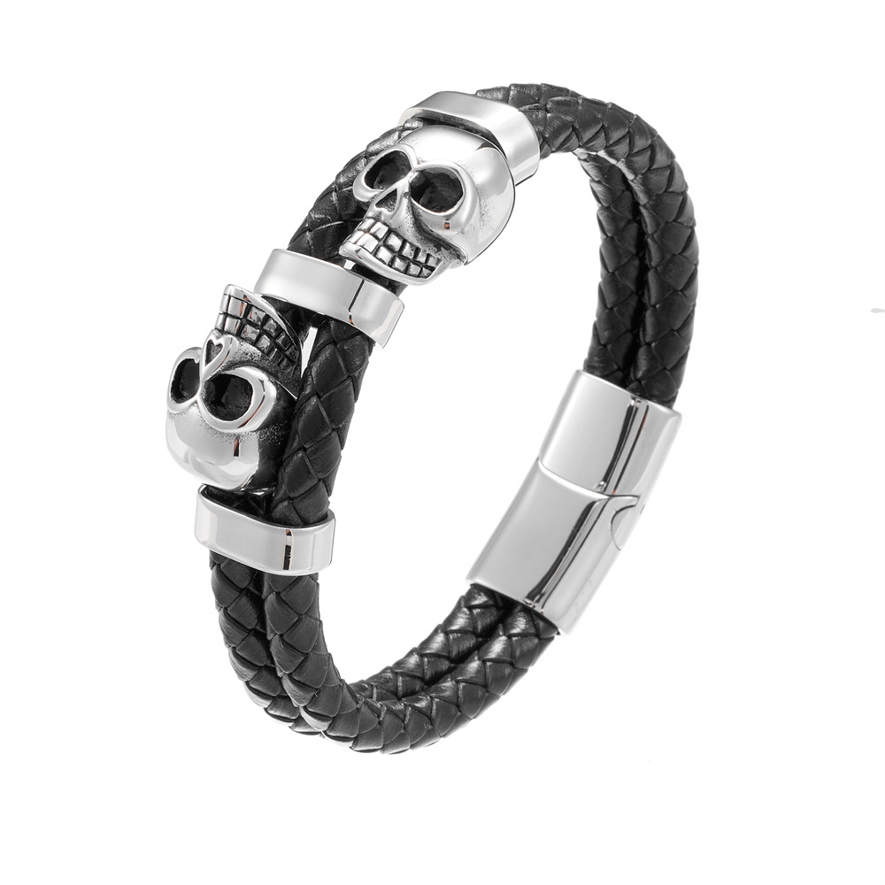 Plating Design Hip-Hop Geometric Stainless Steel Pu Leather Plating Men's Bracelets Men Cord & Leather Bracelets